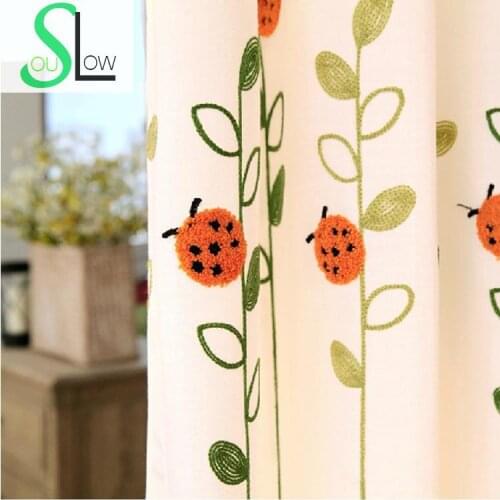 [Slow Soul]Playful Little Ladybug Fresh Towel Embroidery Curtain Plant Embroidered Curtains Living Room Children Tulle curtains