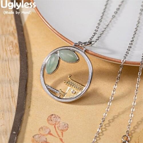Uglyless Hometown in Memory Charming Eastern Retro Jewelry for Women Emerald Leaves Necklaces NO Chain 925 Silver House Pendants