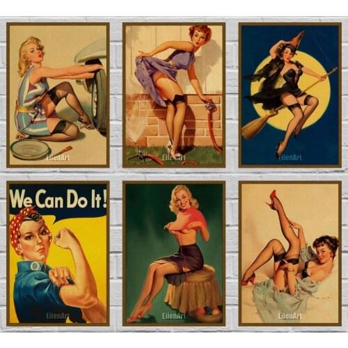 Vintage Kraft Paper Poster Pub Kitchen Bedroom Wall Stickers Pin Up Girl Posters and Prints for Bar Decor 42X30cm