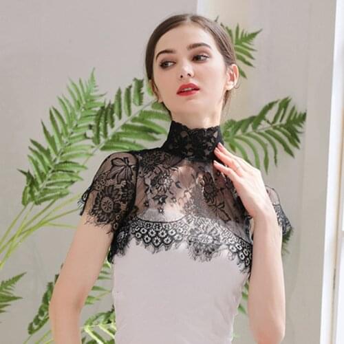 Women Summer Detachable Fake Collar Half Shirt Blouse Sweet Crochet Sheer Eyelash Floral Lace Wedding Decorative Dickey