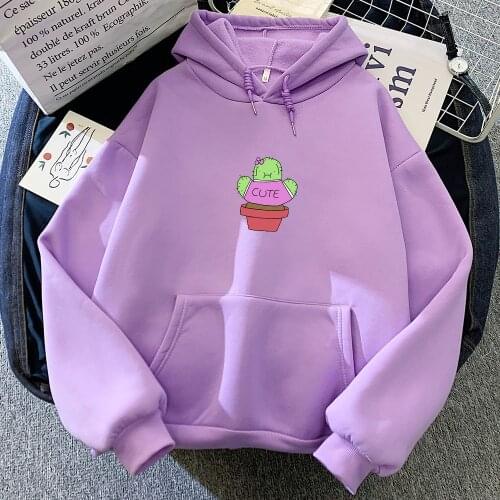 Funny Cactus Plant Hoodies Purple Women Oversized Sweetshirt for Girls Long Sleeve Plus Size Sweatshirt Kawaii Sudadera Mujer