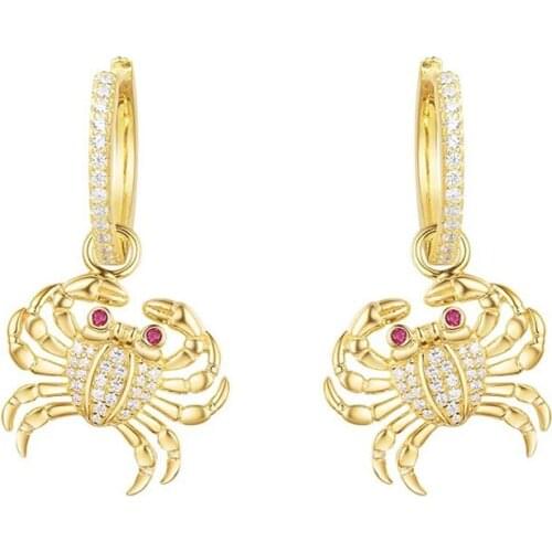 SLJELY 925 Sterling Silver Yellow Gold Color Sea Crab Earrings Micro Pave Cubic Zirconia Stones for Women Luxury Brand Jewelry