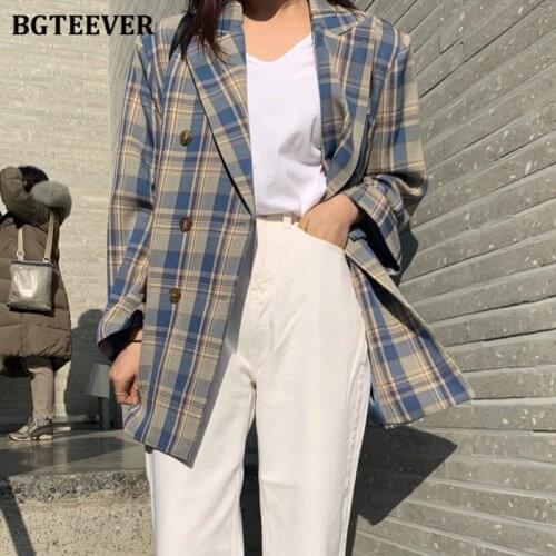 BGTEEVER Stylish Loose Double Breasted Women Plaid Blazer 2020 Autumn New Vintage Notched Collar Female Suit Jacket Good Fabric