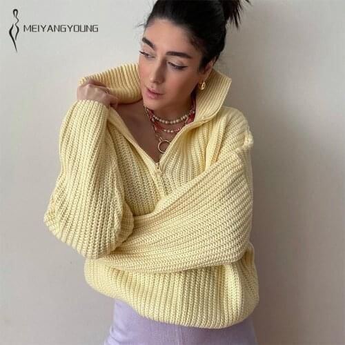 MEIYANGYOUNG Zipper Half Turtleneck Women Sweater Long Sleeve Oversize Pullovers Knitted Femme Solid Jumper Autumn Winter Tops