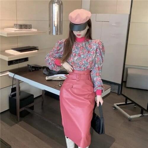 Winter New Rose Red Knitted Stitching Floral Blouse Top + High Waist Western Style All-Match PU Skirt Two-Piece Suit/Sets Women
