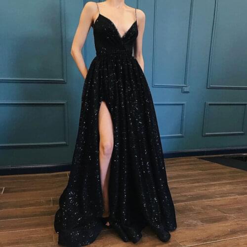 Black V-neck Prom Party Evening Dresses Vestido De Noiva Sereia Robe De Soiree Vestido Novia Playa Formal Pockets Sexy Side Slit