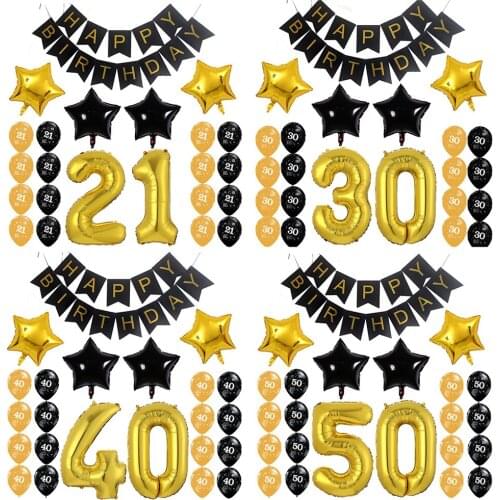 23pcs/lot Adult 21 30 40 50 Year Birthday Party Paper Black Banner 30inch Gold Number Air Globos Star Shape Number Latex Decor