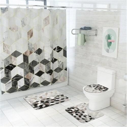 4Pcs/set Bathroom Mat Set Non-slip Marbleize Bath Mat Coral Fleece Shower Curtain Floor Mat Washable Bathroom Toilet Rug