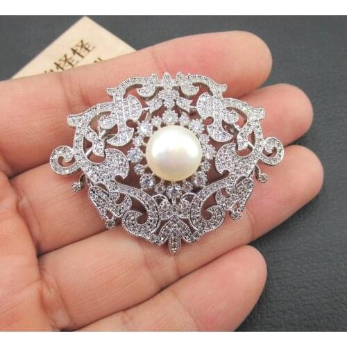APDGG Natural 12mm White Coin Pearl Flower Brooch Gold Plated CZ micro pave Brooch Pin Jewelry