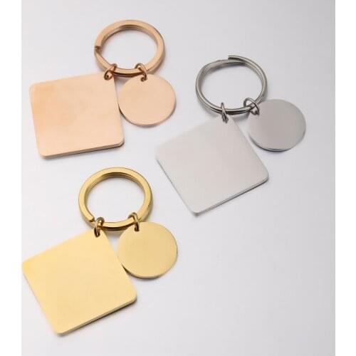 100% Stainless Steel Square & Round Key Chain Blank For Engrave Metal Square & Round Tag Charm Keychain Mirror Polished 10pcs