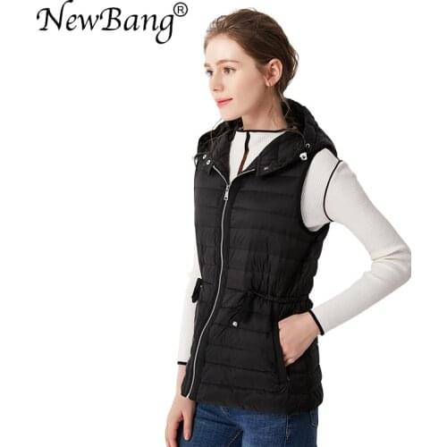 NewBang Brand Fashion Womens Vest Hooded Ultra Light Down Vest Women Waistcoat Female Down Coat Slim Sleeveless With Belt