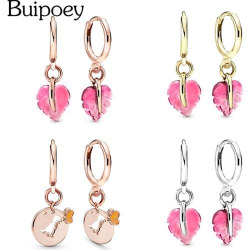Buipoey Pink Murano Glass Leaves Stud Earring For Women Girls Circular Buckle Fine Dinosaur Butterfly Charm Earrings Couple Gift