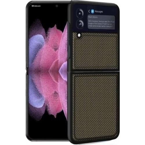 For Samsung Galaxy Z Flip 3 Case Solid color Carbon Fiber Texture PU Leather Fold Back Cover