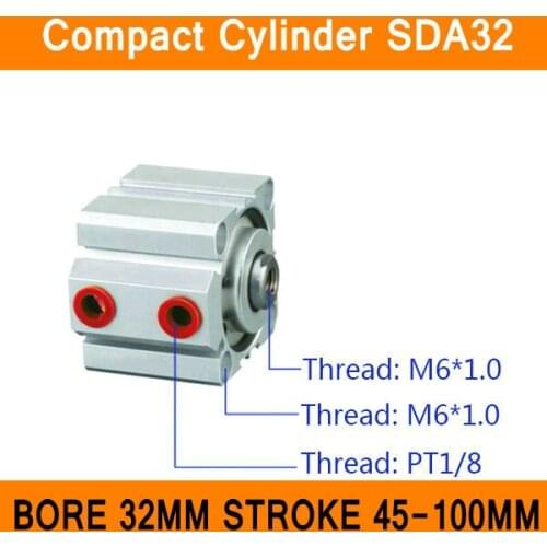 SDA32 Cylinder Compact SDA Series Bore 32mm Stroke 45-100mm Compact Air Cylinders Dual Action Air Pneumatic Cylinders ISO