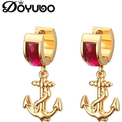 DOYUBO Beauty Womens Gold Color Stainless Steel Anchor Shape Drop Earrings Pink Crystal Fashion Earrings Fine Jewelry DB050