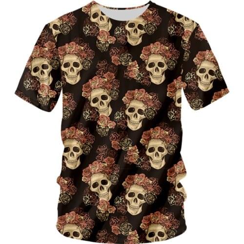 UJWI Summer Pink Rose Round Neck T-shirt Skull T Shirt Hip-hop Popular Style Oversize Sports Tees Mens Wholesale Dropship 5XL