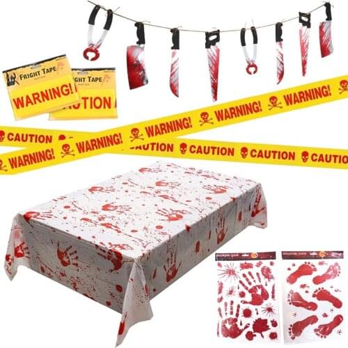 Halloween Bloody Tablecloth Set Scary Bloody Pattern Party Table Cover Table Cloth Halloween Warning Tape Banner