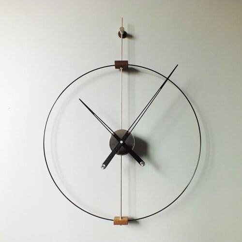 Nordic modern personality minimalist Spanish wall clock big black walnut pointer single pole single circle hardware wall hanging