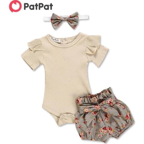 PatPat 2021 New Summer 3-piece Baby Girls 0-1 Years Old Solid Shoulder Ruffled Bodysuit and Floral Shorts with Headband Sets