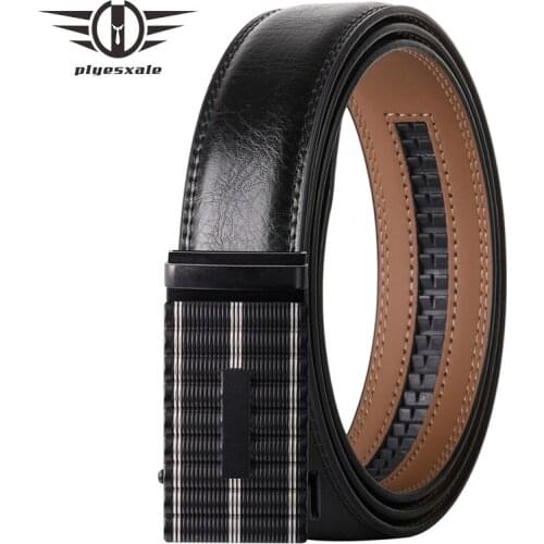 Plyesxale New Automatic Buckle Mens Belts Real Leather High Quality Luxury Ratchet Belt For Men Casual Waist Strap Male B459