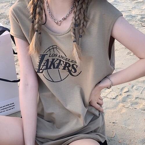 Loose all-match sports vest womens round neck print mid-length sleeveless T-shirt