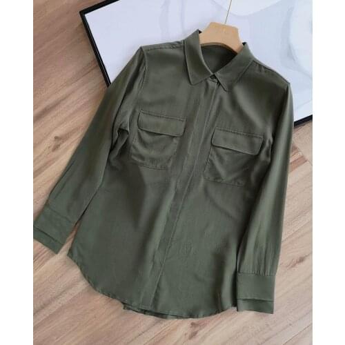 ElfStyle Top Quality Silk Army Green Blouse Top - ElfStyle 2020 Women Spring Summer Blouse Shirt