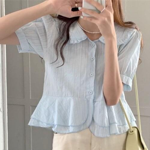 Alien Kitty Retro Blouses Sweet Korean Summer Peter Pan Collar Women Tops 2021 Fashion Elegant OL Lady Chic Shirt Mujer 4 Colors