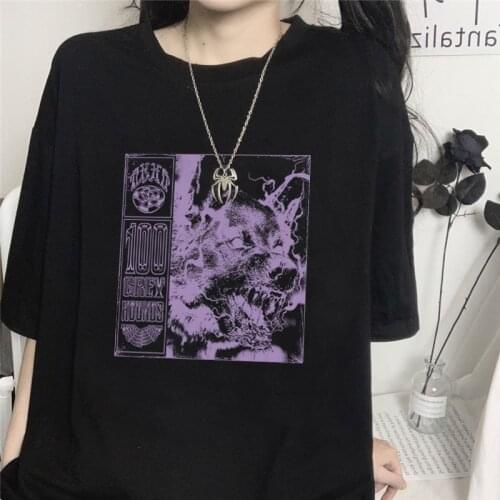 Punk Gothic Casual Loose Cotton tops Hip Hop Letter Wolf Print Summer Harajuku Korean Streetwear hip hop vintage women t-shirt