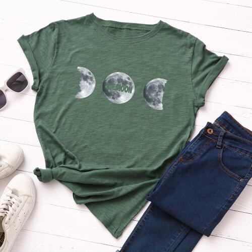 Women Short Sleeve Cotton T-Shirts Graphic Tees Summer Tee Tops for Female Loose Casual Oversized Tee Clothes Moon Print