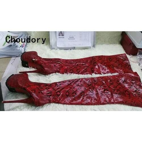 Women Python Gladiator Knee High Boots Red Wine Platform Zipper Over knee Booty HIgh Heel Slim Sexy Thigh Boots Plus Size 10