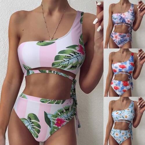 Women Bandage One shoulder Bikini Set Push-up Print Beach Swimsuit Sexy Bandeau Padded Bra Bathing Suit Swimwear ropa mujer