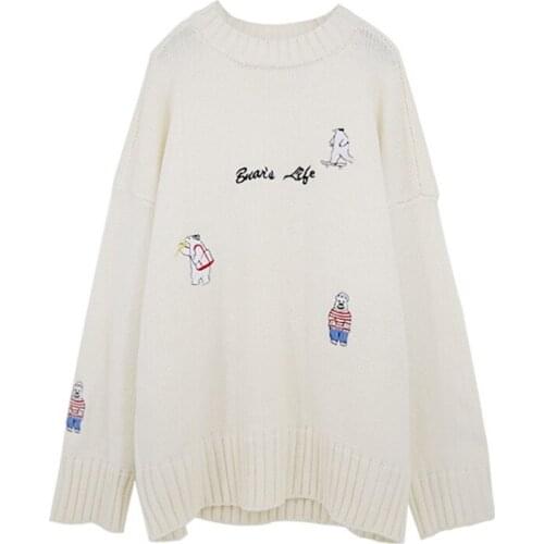PERHAPS U Women White Sweater Cartoon Letter Embroidery O Neck Knitted Pullovers Long Sleeve Winter Autumn Casual M0159