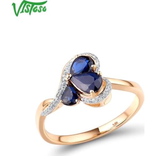 VISTOSO Pure 14K 585 Rose Gold Ring For Women Shining Diamond Blue Sapphire Heart Ring Wedding Engagement Gift Fine Jewelry