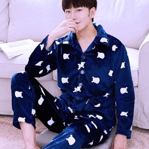 H5748 Winter Thickened Flannel Men Pajamas Male Plus Velvet Warm Coral Fleece Home Wear Suit Long Sleeve Lapel Leisure Nightwear