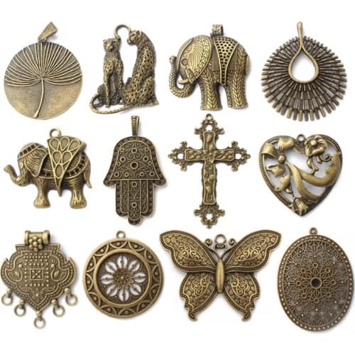 2pcs New Antique Bronze Large Butterfly Flower Elephant Leopard Heart Cross Charms Pendant For Necklace Jewelry Findings Making