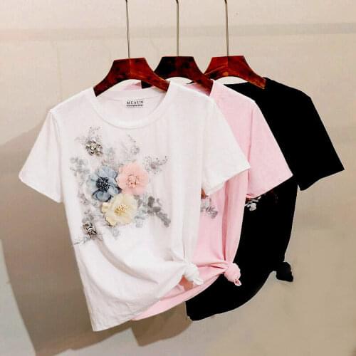 2021 Elegant Beading O Neck Short Sleeve White T-Shirts Plus Size Women Embroidery 3D Flower Tee Shirt Lady Korean Office Tops