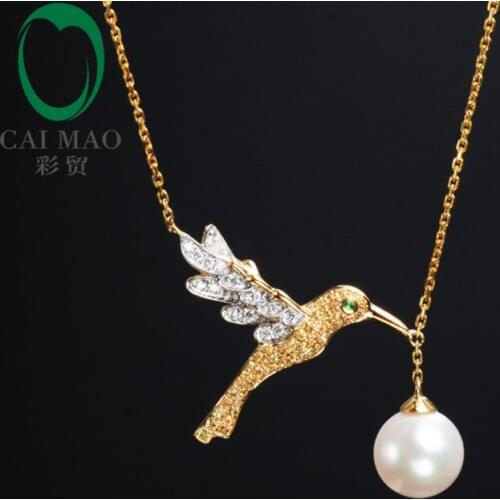 Free shipping Exquisite Bird Shape 0.33ct Diamonds & 0.03ct Tsavorite& 8mm White Pearl 18kt Gold Eternal Pendant Jewelry