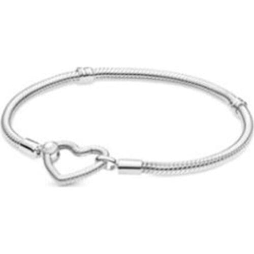 Moments Heart-shaped Clasp Snake Chain Bracelet s925 Sterling Silver Sparkling Freehand Heart Bracelet for Pandoraer Charms