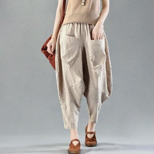 Oversize Cotton and Linen Large Pockets Thin Striped Harem Pants Elastic Loose Harem Pants Spring Summer Female