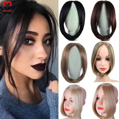 MANWEI Black Brown Middle Part Bangs Natural Fake Hair Pieces Clip In Hair Extensions Synthetic Fringe Bang For women