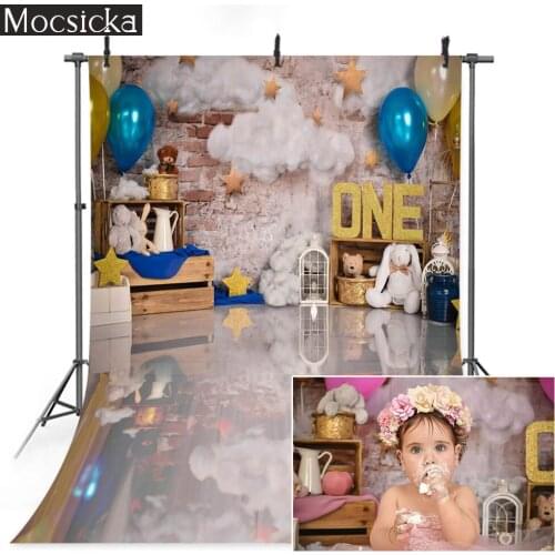 Children One Birthday Cake Smash Backdrop Photography Balloons Golden Stars Newborn Baby Rabbit Portrait Photo Background Studio
