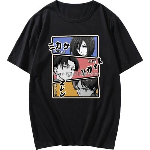 Attack On Titan T-shirt Mens Loose Short Sleeve Casaul Shingeki No Kyojin Mikasa Levi Eren Anime Male Female Black Basic Tshirt
