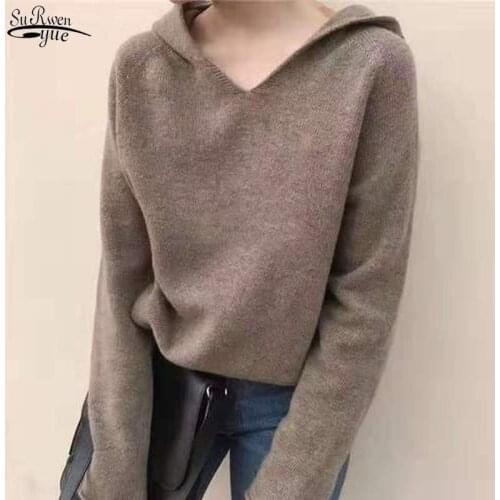 Korean Pop Women Casual Loose Solid Sweatshirt Women Autumn New Harajuku V-neck Long Sleeve Hoodies Knitted Jumper Female 11742
