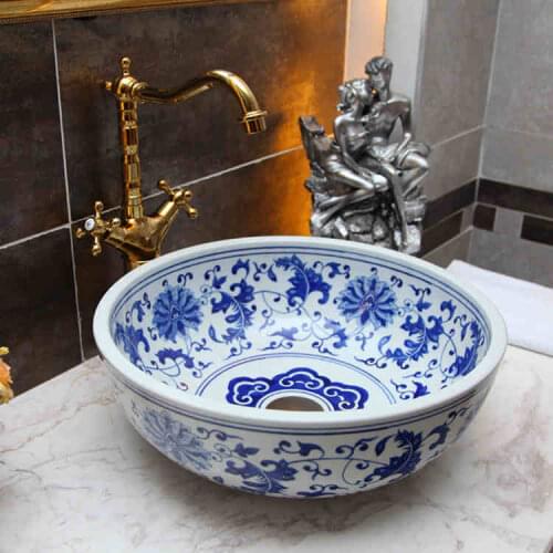 Round Handmade Porcelain Countertop Lavabo vintage vanity sink blue and white ceramic wash basin Bathroom Sink
