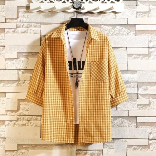 Fashion men Plaid Shirt Chic Checked Blouse 3/4 Sleeve Casual Print Shirts Loose Cotton Tops Blusas Plus Size Blouses men Plaid