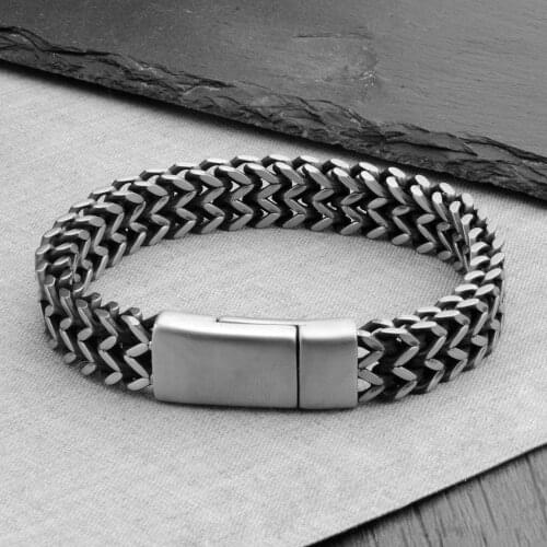High Quality Stainless Steel Bracelets for Men Vintage Cool Double Curb Chain Plum Flower Pattern Punk Magnet Clasp Male Gift