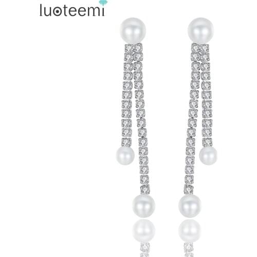 LUOTEEMI New look White Imitation Pearls With Clear Round CZ Tennis Bridal Stud Earrings For Women Wedding Jewellery Gift