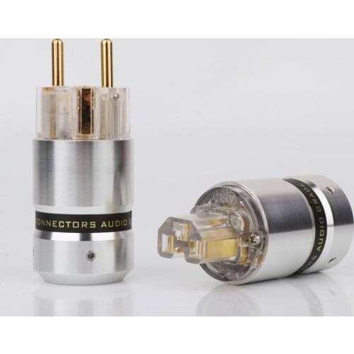 One Pair Audio Aluminum Rhodium Plated Schuko EU Male Connector+IEC Female Plug