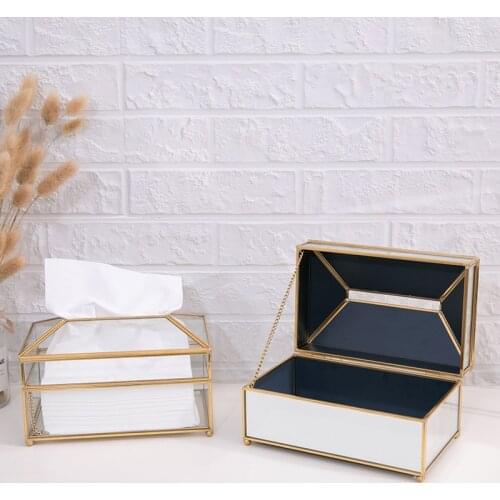 Rectangular Brass Glass Facial Tissue Box Napkin Holder Clear / Mirror Type for Home Office, Car Automotive Decoration
