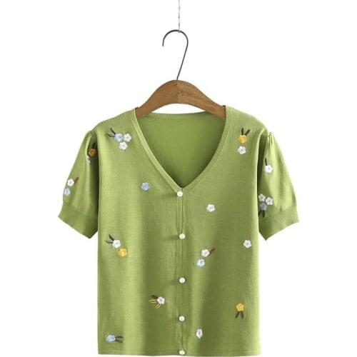 Plus Size False Button Floral Embroidery Tops Women Short Sleeve Slim Croptop Female V-neck Short Tshirts